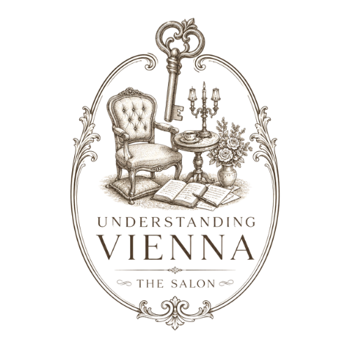 understanding-vienna-the-salon-oval-logo Understanding Vienna: The Salon logo with an antique key, salon chair, writing table, open notebook, flowers, and ornamental oval frame.