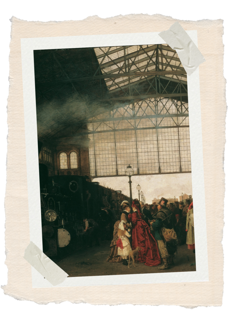 Historical painting of a crowded railway station with a steam locomotive, families, travellers and luggage gathered beneath a vast iron-and-glass roof before departure.