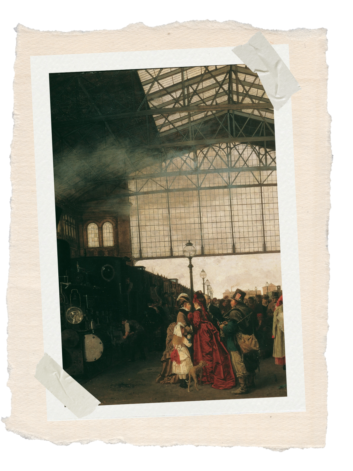 Historical painting of a crowded railway station with a steam locomotive, families, travellers and luggage gathered beneath a vast iron-and-glass roof before departure.