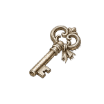 Sepia engraving of an ornate antique architectural key with a weathered surface and a small ribbon tied around its bow.