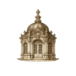 Sepia engraving of an ornate Baroque garden pavilion with a domed roof and richly decorated façade.