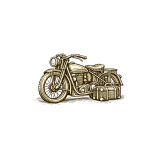 Sepia engraving of an early motorcycle with a small travel case resting beside it.