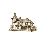 Sepia engraving of a late nineteenth-century villa with a travel trunk and valise placed beside the entrance.