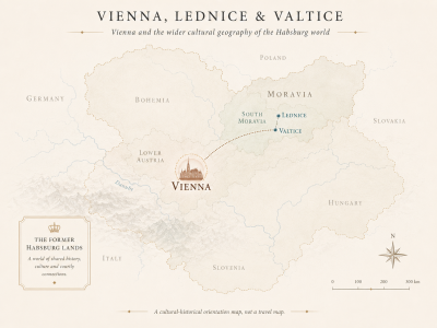 Illustrated cultural-historical map showing Vienna in relation to Lednice and Valtice within the former Habsburg lands. The map marks Vienna in Lower Austria and traces a curved connection northeast to Valtice and Lednice in South Moravia, with surrounding regions including Bohemia, Moravia, Hungary and Slovenia.