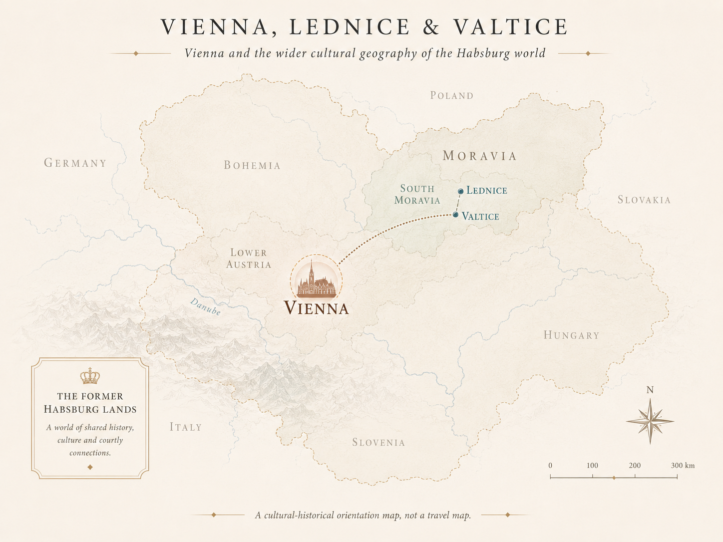Illustrated cultural-historical map showing Vienna in relation to Lednice and Valtice within the former Habsburg lands. The map marks Vienna in Lower Austria and traces a curved connection northeast to Valtice and Lednice in South Moravia, with surrounding regions including Bohemia, Moravia, Hungary and Slovenia.