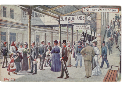 Historical colour illustration of a crowded Vienna Stadtbahn platform, with elegantly dressed passengers, uniformed railway staff, a steam train and signs directing travellers towards the exit and third-class carriages.
