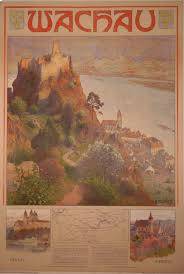 Historical illustrated travel poster titled “Wachau,” showing a castle ruin above a riverside town and the Danube, with smaller scenic views and travel information below.