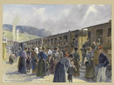 Historical watercolour of children, women and railway staff gathered beside a passenger train before departure for a summer holiday colony, with wooded hills rising behind the station.